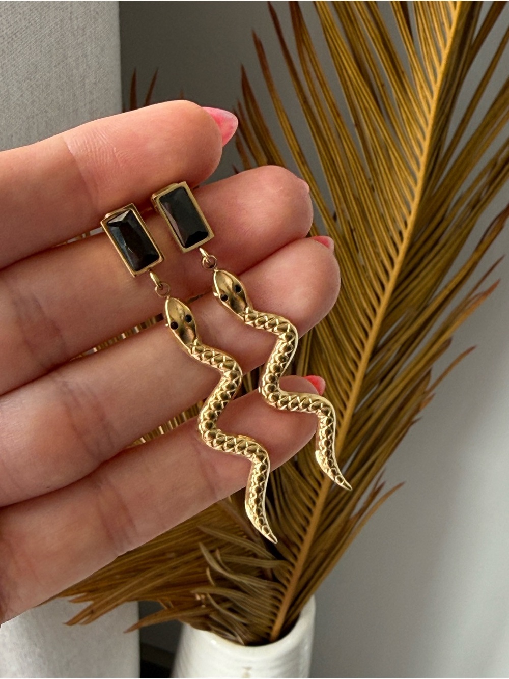 Snake + Onyx Stud Dangle Earrings | 18K Gold Hypoallergenic